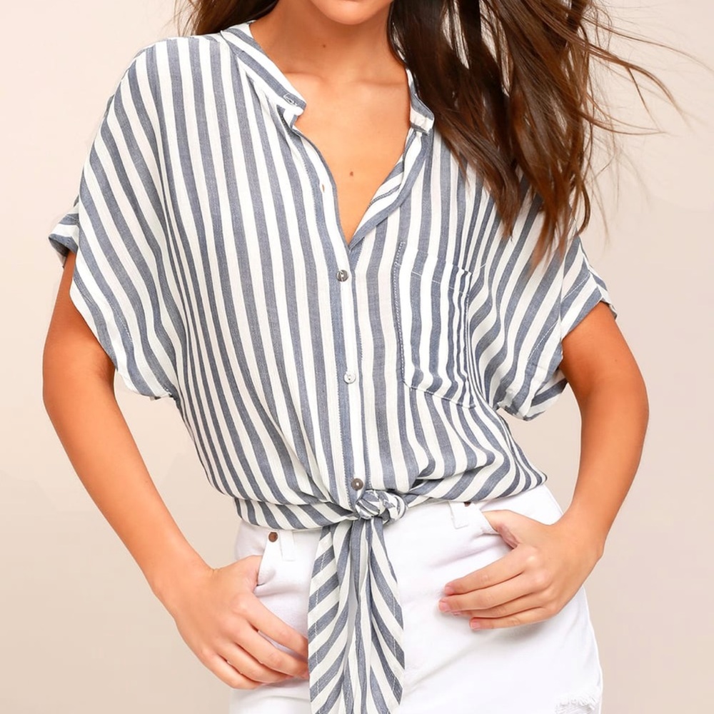 Lulus Newport Beach Grey and White Striped Top
